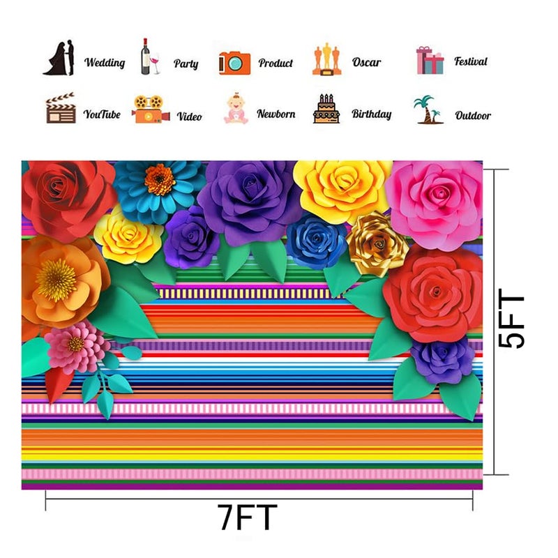 CHAIYA Mexican Theme Party Striped Backdrop Fiesta Cinco De Mayo Paper Flowers Background Party Decoration for Cake Table Decor Photo Booth 7X5FT - Image 5